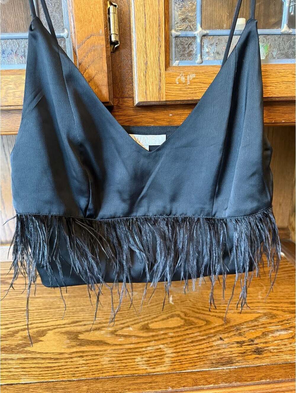 WAYF Black Satin Feather Trim Crop Top Small V-Neck Cami Going Out